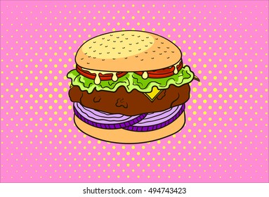 Vector hand drawn pop art illustration of burger. Fast food. Retro style. Hand drawn sign. Illustration for print, web.