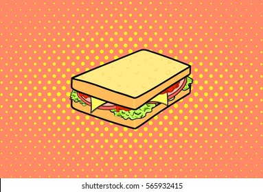 Vector hand drawn pop art illustration of sandwich. Fast food. Retro style. Hand drawn sign. Illustration for print, web.