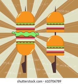 Vector hand drawn pop art illustration of hamburger. Fast food. Retro style. Hand drawn sign. Illustration for print, web.