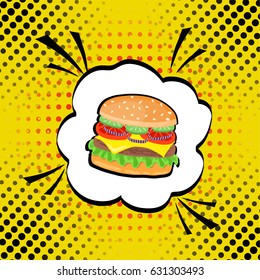 Vector hand drawn pop art illustration of hamburger. Fast food. Retro style. Hand drawn sign. Illustration for print, web.