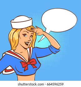 Vector hand drawn pop art style illustration of retro woman sailor with speech bubble. Illustration for print, web.