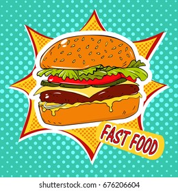 Vector hand drawn pop art illustration of burger. Fast food. Retro style. Healthy and unhealthy food. Restaurant business. Colorful image of a sandwich on a retro background in the style of comics