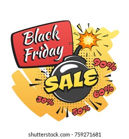 Vector hand drawn pop art illustration of black friday banner with funny bomb. Retro style. Hand drawn sign. Illustration for print, web.