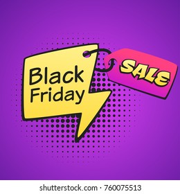 Vector hand drawn pop art illustration of black friday banner with yellow lighting and sale tag. Retro style. Hand drawn sign. Illustration for print, web.