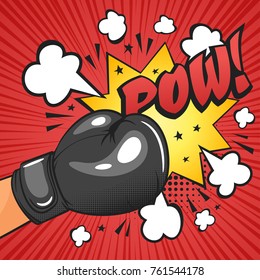 Vector hand drawn pop art illustration of boxing glove. "Pow" text. Retro style. Hand drawn sign. Illustration for print, web.