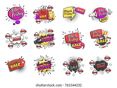 Vector hand drawn pop art set of black Friday sale banners. Retro style. Hand drawn sign. Illustration for print, web.