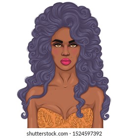 Vector hand drawn portrait African girl with magnificent curly hairstyle, long purple hair. Attractive fashion model. Design greeting card, print on t-shirt clothes. Isolated on a white background
