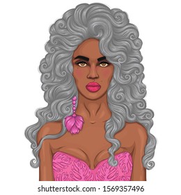 Vector hand drawn portrait African girl with magnificent curly hairstyle, long gray-haired, ashen hairstyle. Attractive fashion model with long earring flower. Design greeting card, print on t-shirt
