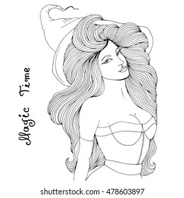 Vector hand drawn portrait of an attractive sexy witch. Female witch in a high hat with developing hair. Caption magic time. Halloween costume party. Isolated on a white background