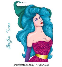 Vector hand drawn portrait of attractive sexy witch. Female fashion witch in a high hat with developing blue hair. Caption magic time. Halloween costume party. Isolated on a white background