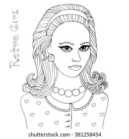 Vector hand drawn portrait of a beautiful Pop Art brunette girl. Retro girl handwriting In a blouse with printed hearts with lace collar. Isolated on a white background.