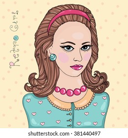 Vector hand drawn portrait of a beautiful Pop Art brunette girl. Retro girl handwriting In a blouse with printed hearts with lace collar. Isolated on a yellow background.