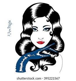 Vector hand drawn portrait of a beautiful sexy retro girl. Girl with wavy black hair, red lipstick on her lips pomodoy, blue glove on the hand, vintage handwriting, pop style. On a white background.