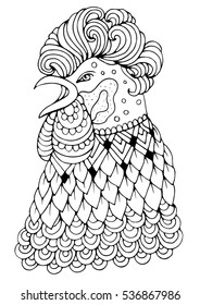 Vector hand drawn portrait black patterned hipster rooster. Symbol of chinese calendar 2017 new year. Pattern for coloring book A4 size. Coloring book for adults. Zentangle drawing.