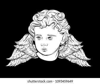 Vector hand drawn portrait of Cupid with wings isolated. Illustration made in realistic style. Template for card, poster, banner, print for t-shirt, pin, badge and patch. 