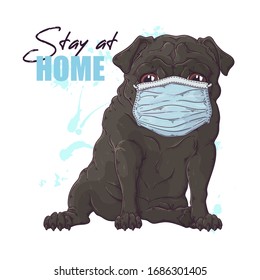 Vector hand drawn portrait of the dog in a medical mask. The pug against a pandemic. Each object can be changed and moved for your design.