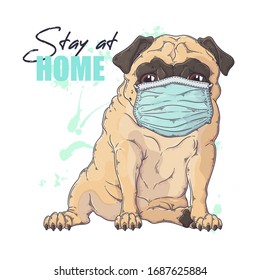 Vector hand drawn portrait of the dog in a medical mask. The pug against a pandemic. Each object can be changed and moved for your design.