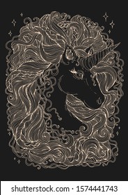 Vector hand drawn portrait of a fabulous unicorn with wavy developing hair mane with braided pigtails and beads. Yellow lines Sweet dreams. Design card, print t-shirts. Fairy tale mythical characters