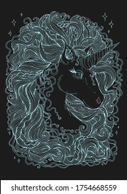 Vector hand drawn portrait of a fabulous unicorn with wavy developing hair mane with braided pigtails and beads. Yellow lines Sweet dreams. Design card, print t-shirts. Fairy tale mythical characters