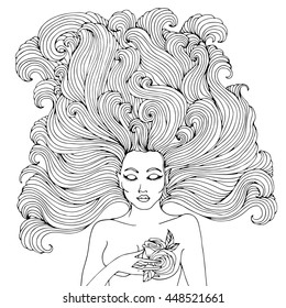 Vector hand drawn portrait of the forest fairies with pointed ears. Mystical Fairy with wavy hair developing presses his hand to his chest rose. Magic character from fairy tales. Coloring page.
