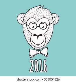 Vector hand drawn portrait of geek monkey. 2016 Happy New Year greeting card. T-shirt print design illustration.