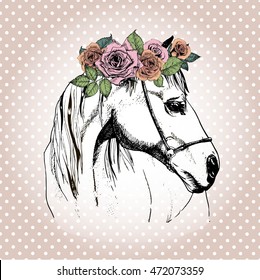 Vector hand drawn portrait of horse wearing the floral crown. Isolated on polka dot background. Vintage style engraved color illustration.