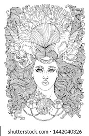 Vector hand drawn portrait of a mermaid girl with developing wavy hair with a crown and a necklace of seashells and corals. Ornamental Coloring page sea nymph. Fairy tale mythical characters t-shirts