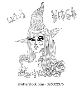 Vector hand drawn portrait of the mysterious witch in a high hat with a wide brim. Magic witch with long curly hair. Title Witch. On a white background