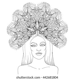 Vector hand drawn portrait of the mysterious nymph girl with a crown of flower ornament. Goddess of summer flowers. Coloring books page. Isolated on white background