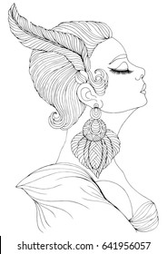 Vector hand drawn portrait in profile of elegant lady in Art Deco. Girl with a feather in a short hairstyle and a big earring. Decorated Coloring Page A4 size. 