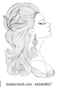 Vector hand drawn portrait in profile of elegant lady in retro style. Girl with wavy hair with a hairpin in the form of leaves. Art Deco style. Decorated Coloring Page A4 size. 