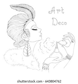 Vector hand drawn portrait in profile of elegant lady in Art Deco. Woman holds perfume in hand and splashes it on her neck. Girl with a feather in a short hairstyle spraying from perfume bottle.