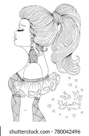 Vector hand drawn portrait in profile of a young girl with closed eyes and long eyelashes. Wavy long hair gathered in a high ponytail. The girl romantic style