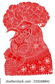 Vector hand drawn portrait red patterned hipster rooster. Symbol of chinese calendar 2017 new year. Decorated pattern silhouette of red rooster.