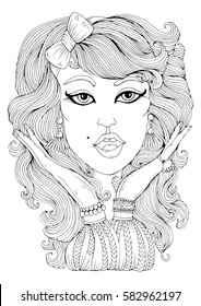 Vector hand drawn portrait of retro woman hand gesture shows surprise shock. Pattern for coloring page A4 size. Ornament coloring book for adults. 