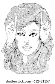 Vector hand drawn portrait of retro woman hand gesture shows the horns with his fingers. Pattern for coloring page A4 size. Ornament coloring book for adults. 