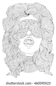 Vector hand drawn portrait of sexy girl with wavy hair a mask for sleep, showing the tongue. Pattern for coloring book A4 size. .Coloring book for adults. Zentangle drawing. 