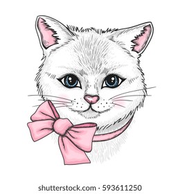 Vector hand drawn portrait of white cat with a pink bow. Cute kitten illustration 