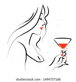 Vector hand drawn portrait of young beautiful lady with glass of vermouth isolated on white background. Hand drawn sketch minimal style. Concept for ladies night party, bar, happy cocktail hour banner