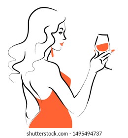 Vector hand drawn portrait of young beautiful lady in red dress with wine glass isolated on white background. Hand drawn sketch minimal style. Concept for ladies night party, bar, happy cocktail hour.