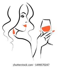 Vector hand drawn portrait of young beautiful lady  with long hair hold wine glass isolated on white background. Hand drawn sketch style. Concept for ladies night party, bar, happy cocktail hour, logo