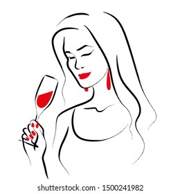 Vector hand drawn portrait of young beautiful lady holding wine glass isolated on white background. Hand drawn sketch minimal style. Concept for ladies night party, bar, happy cocktail hour.