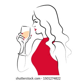 Vector hand drawn portrait of young beautiful lady in red dress with wine glass isolated on white background. Hand drawn sketch minimal style. Concept for ladies night party, bar, happy cocktail hour.