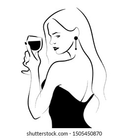 Vector hand drawn portrait of young beautiful lady holding wine glass isolated on white background. Hand drawn sketch minimal style. Concept for ladies night party, bar, happy cocktail hour.