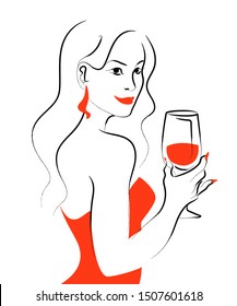 Vector hand drawn portrait of young beautiful lady in red dress with wine glass isolated on white background. Hand drawn sketch minimal style. Concept for ladies night party, bar, happy cocktail hour.