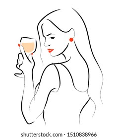 Vector hand drawn portrait of young beautiful lady holding wine glass isolated on white background. Hand drawn sketch minimal style. Concept for ladies night party, bar, happy cocktail hour.