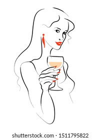 Vector hand drawn portrait of young beautiful lady holding wine glass isolated on white background. Hand drawn sketch minimal style. Concept for ladies night party, bar, happy cocktail hour.