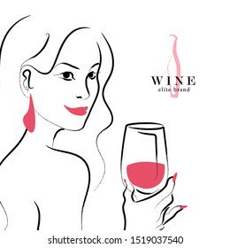 Vector hand drawn portrait of young beautiful lady hold wine glass isolated on white background. Wine logo template. Sketch style. Concept for restaurant logo, bar, happy cocktail hour, wine brand.