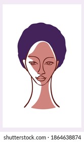 Vector hand drawn portrait of a young beautiful woman. Modern flat style illustration of a thoughtful black woman. Isolated on white background.
