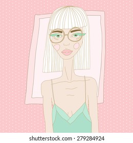 Vector hand drawn portrait of young skinny model girl with white hair. Turquoise silk dress, pink background with white dots. Trendy glasses and bright make-up. 